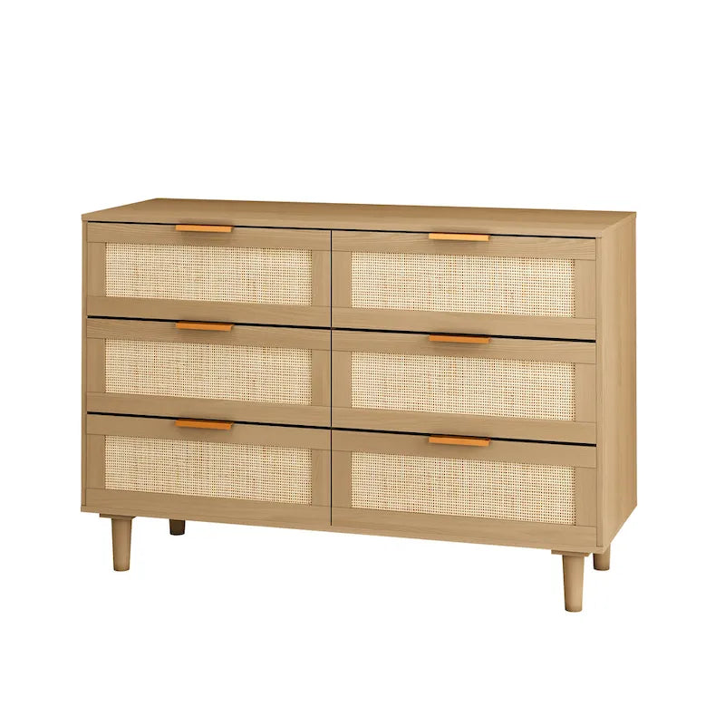 Commode 6 tiroirs en rotin tressé, cadre en aggloméré noir et naturel