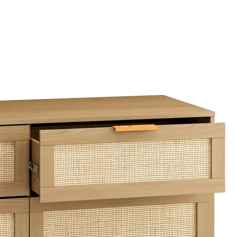Commode 6 tiroirs en rotin tressé, cadre en aggloméré noir et naturel