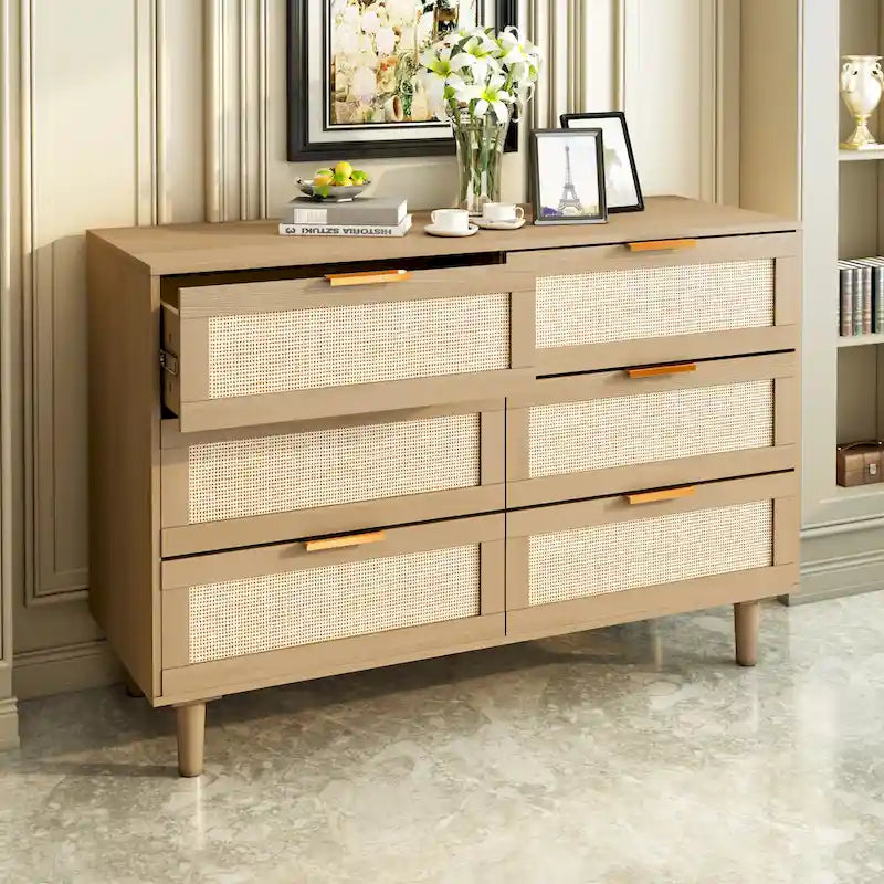 Commode 6 tiroirs en rotin tressé, cadre en aggloméré noir et naturel