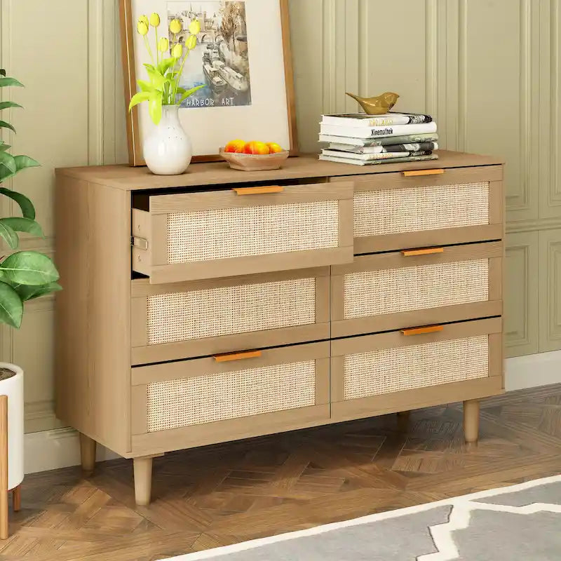Commode 6 tiroirs en rotin tressé, cadre en aggloméré noir et naturel