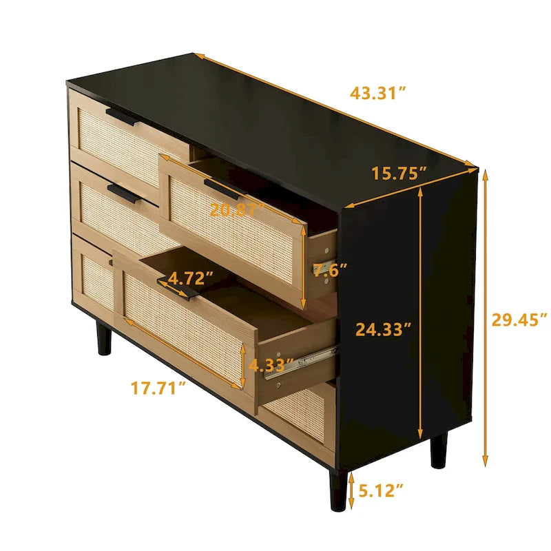 Commode 6 tiroirs en rotin tressé, cadre en aggloméré noir et naturel