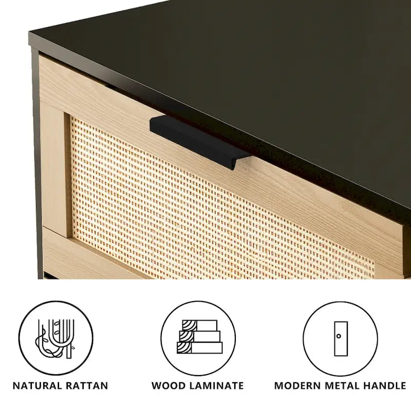 Commode 6 tiroirs en rotin tressé, cadre en aggloméré noir et naturel