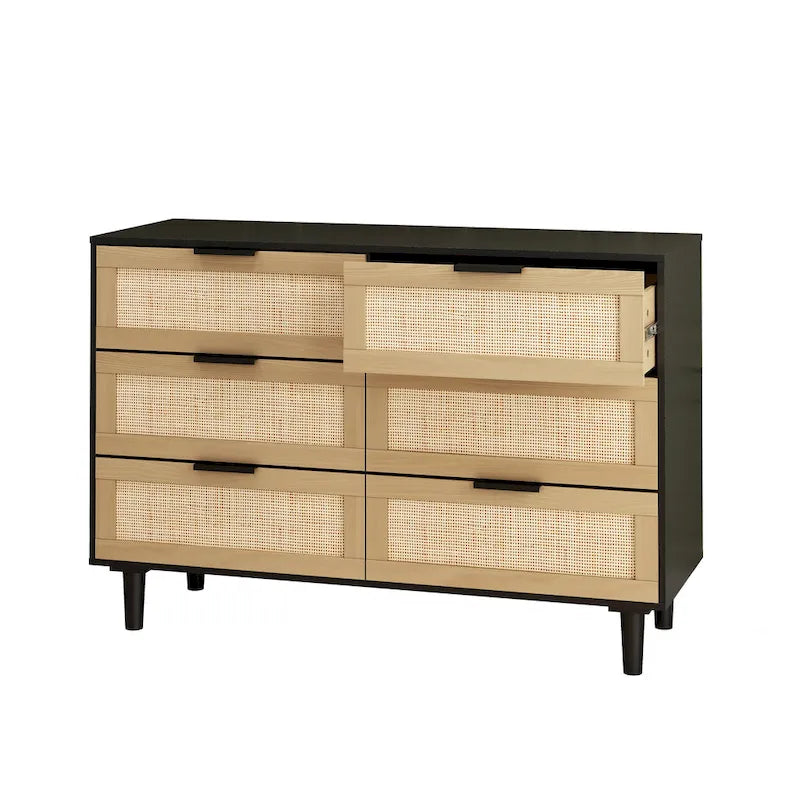 Commode 6 tiroirs en rotin tressé, cadre en aggloméré noir et naturel
