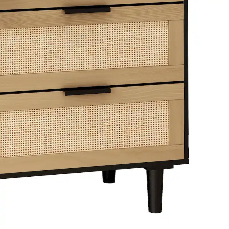 Commode 6 tiroirs en rotin tressé, cadre en aggloméré noir et naturel