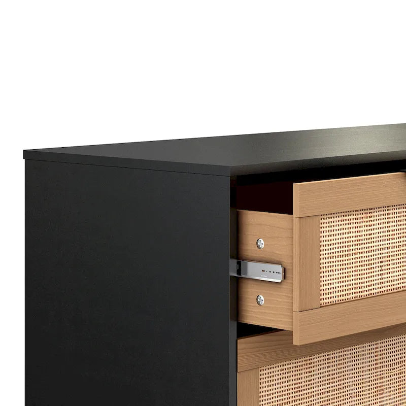 Commode 6 tiroirs en rotin tressé, cadre en aggloméré noir et naturel