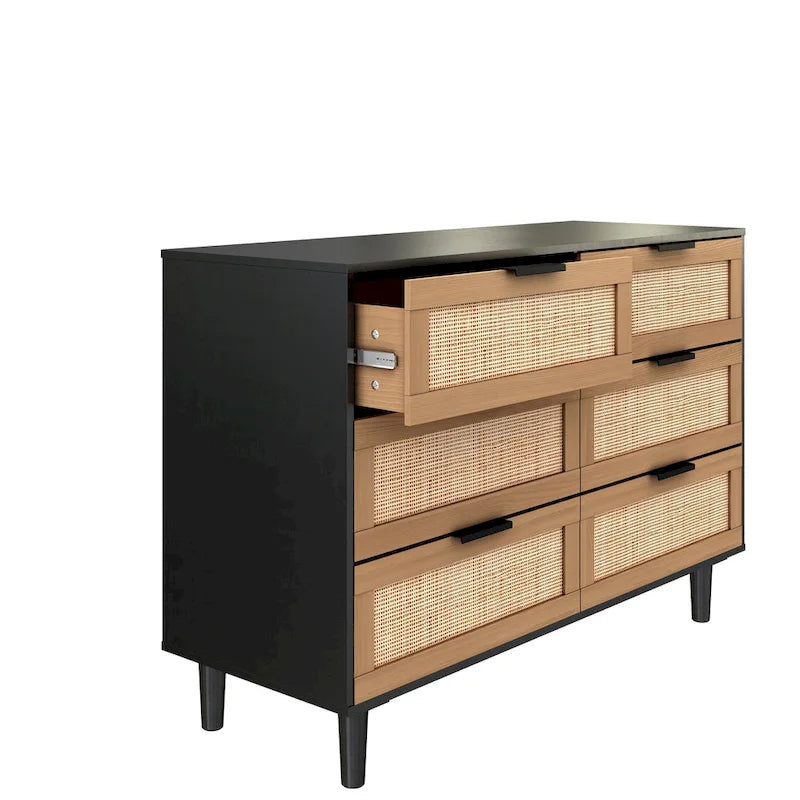 Commode 6 tiroirs en rotin tressé, cadre en aggloméré noir et naturel