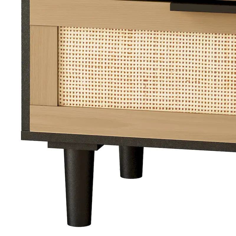 Commode 6 tiroirs en rotin tressé, cadre en aggloméré noir et naturel