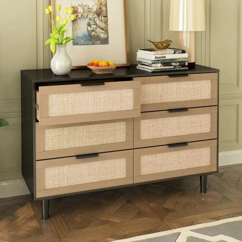 Commode 6 tiroirs en rotin tressé, cadre en aggloméré noir et naturel