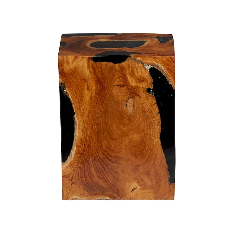 Table d'appoint en teck naturel brun avec incrustation de résine noire