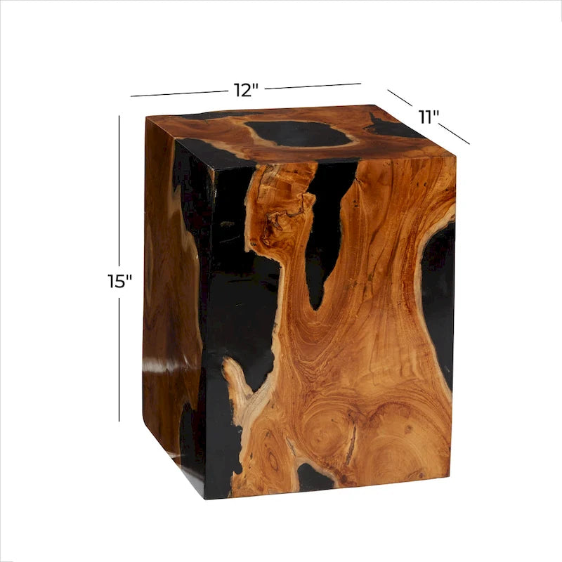 Table d'appoint en teck naturel brun avec incrustation de résine noire