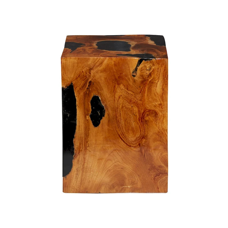 Table d'appoint en teck naturel brun avec incrustation de résine noire