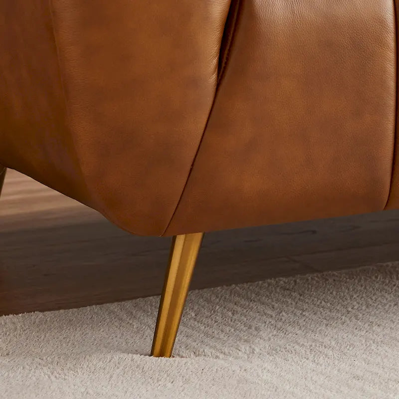 Canapé Mid-Century Modern en Cuir Pleine Fleur Capitonnée, Pieds Métal Doré, Coloris Havane