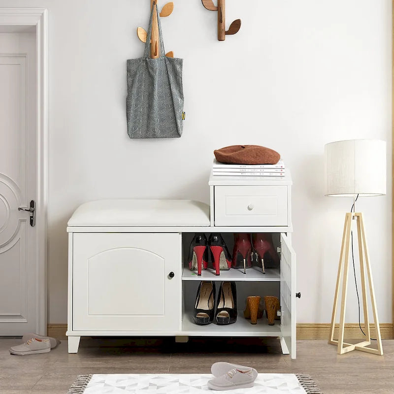 Banc de rangement à chaussures blanc avec tiroir et meuble-siège rembourré