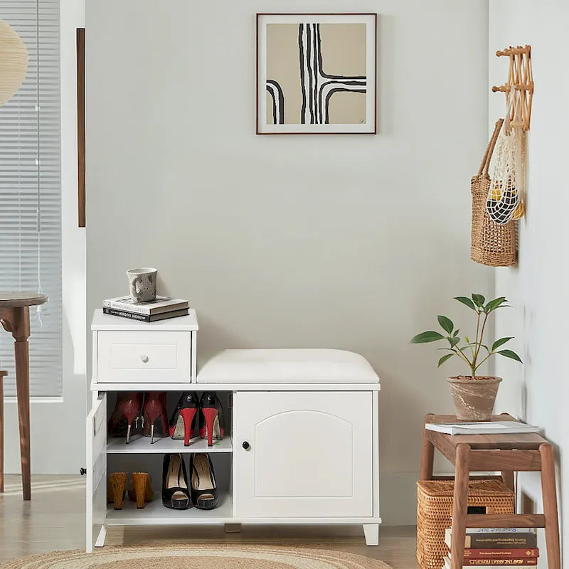Banc de rangement à chaussures blanc avec tiroir et meuble-siège rembourré