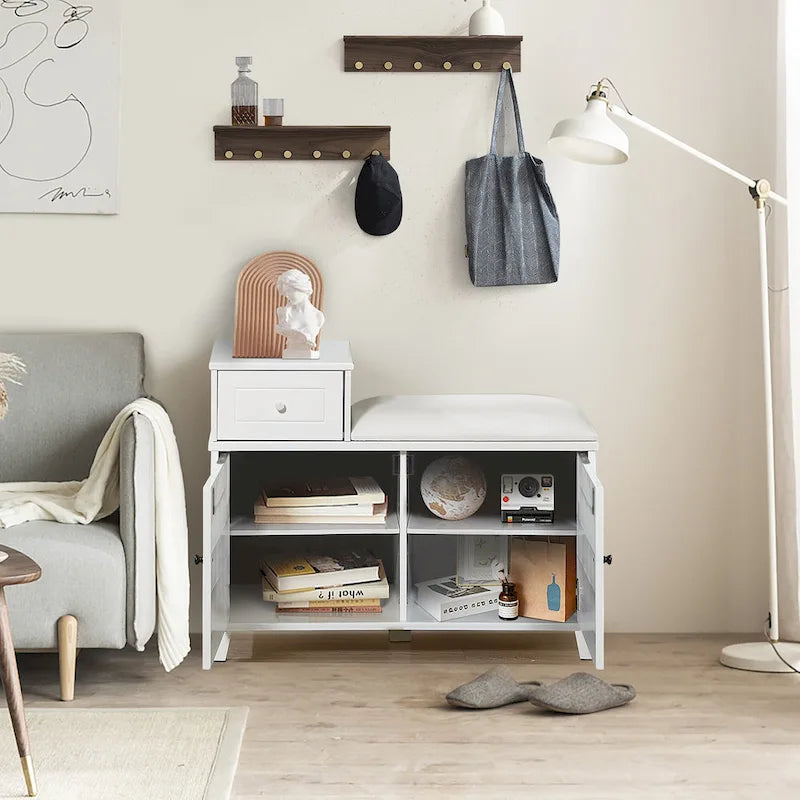 Banc de rangement à chaussures blanc avec tiroir et meuble-siège rembourré