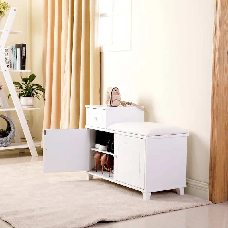 Banc de rangement à chaussures blanc avec tiroir et meuble-siège rembourré