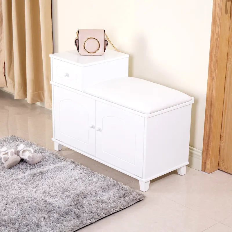 Banc de rangement à chaussures blanc avec tiroir et meuble-siège rembourré