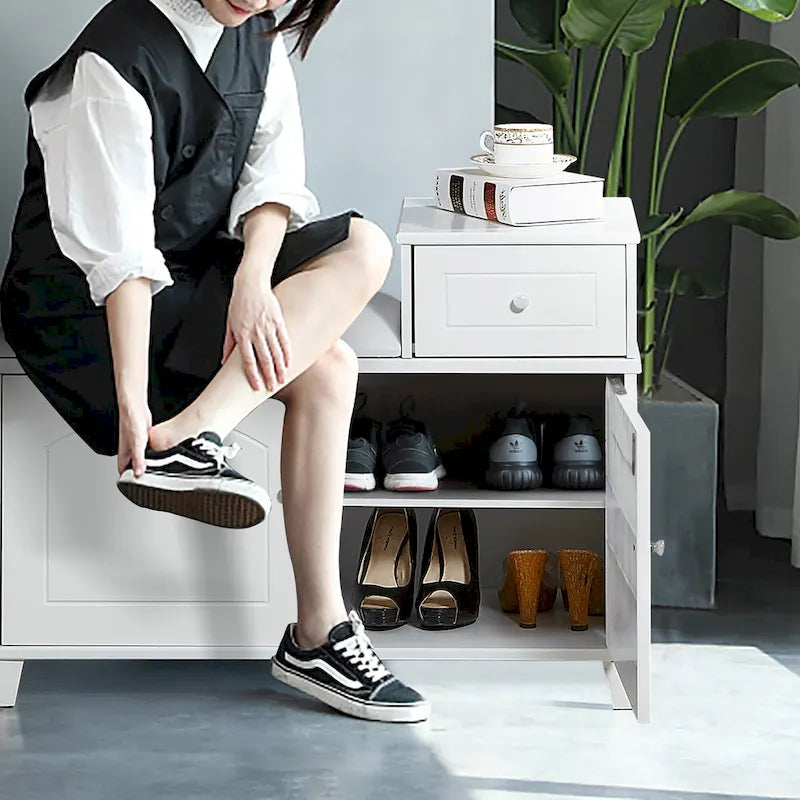 Banc de rangement à chaussures blanc avec tiroir et meuble-siège rembourré