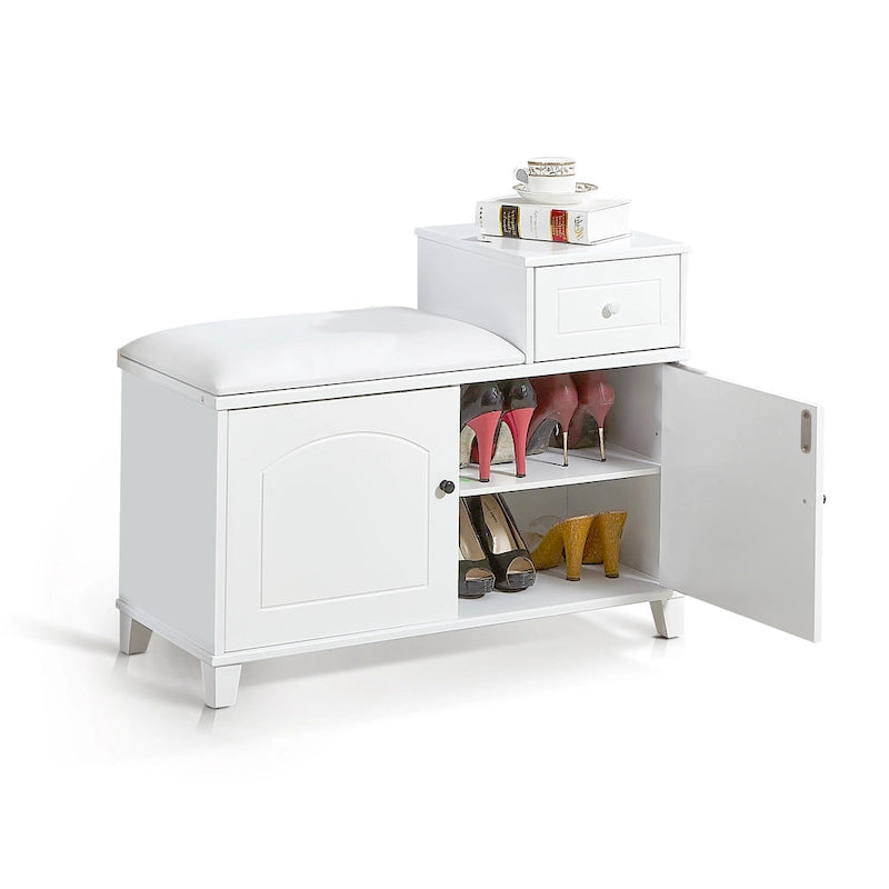 Banc de rangement à chaussures blanc avec tiroir et meuble-siège rembourré