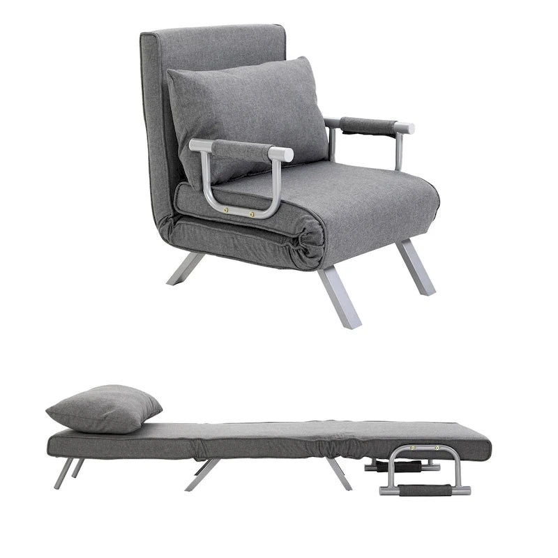 Fauteuil-lit futon convertible gris clair avec dossier réglable et oreiller