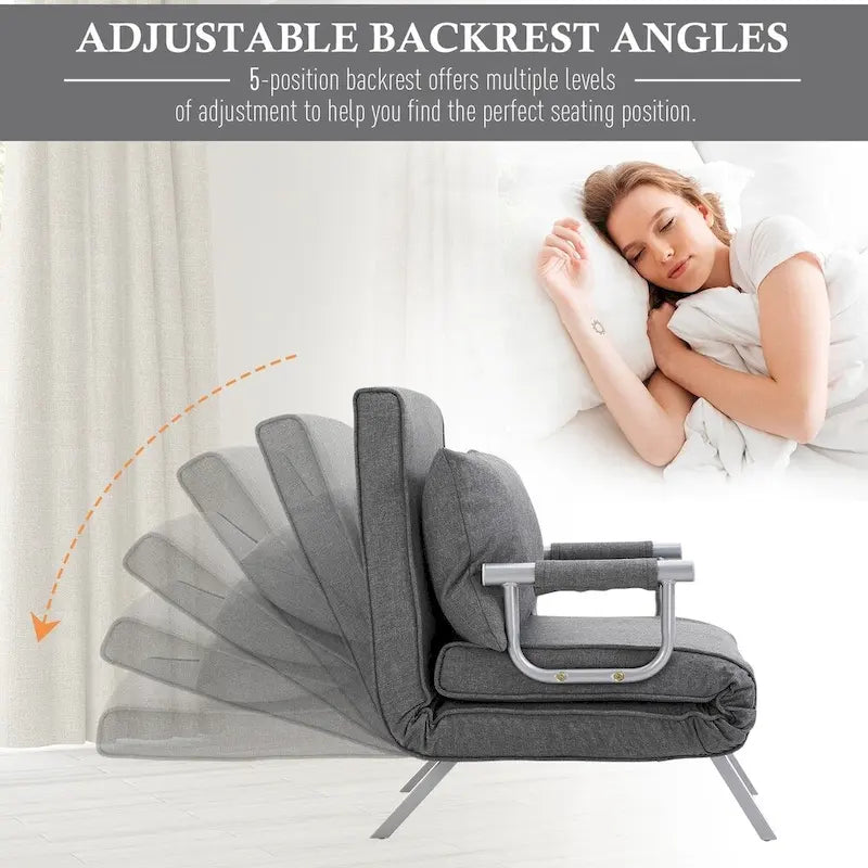 Fauteuil-lit futon convertible gris clair avec dossier réglable et oreiller