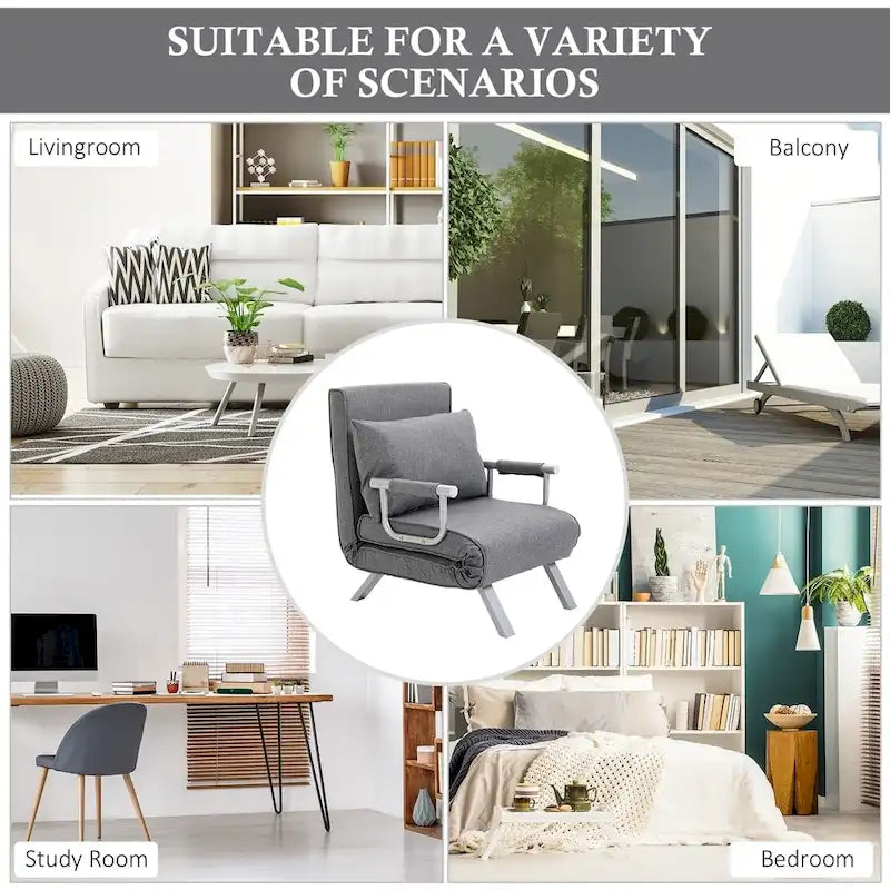 Fauteuil-lit futon convertible gris clair avec dossier réglable et oreiller