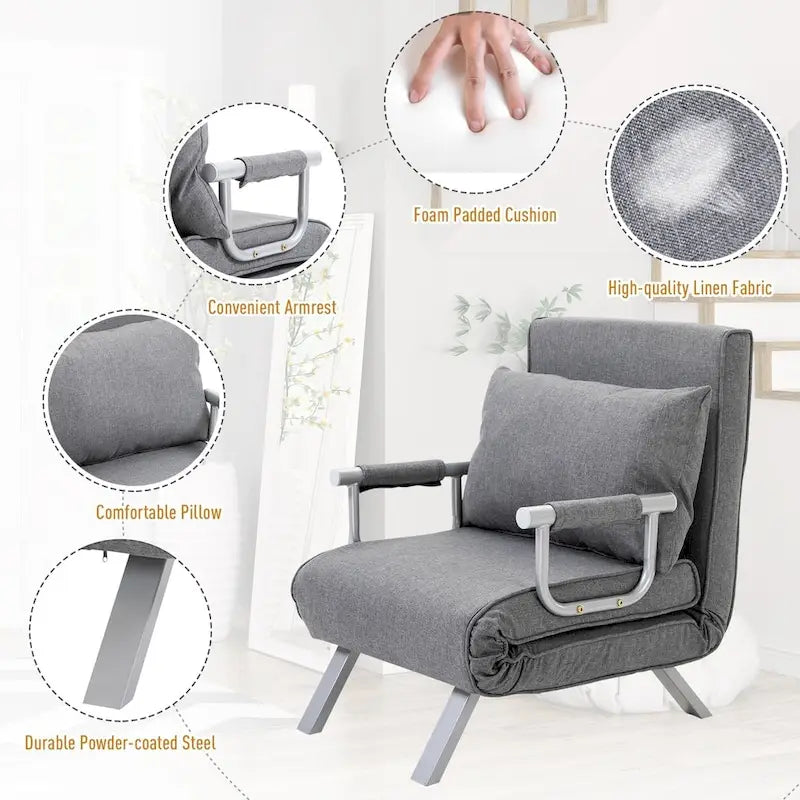 Fauteuil-lit futon convertible gris clair avec dossier réglable et oreiller