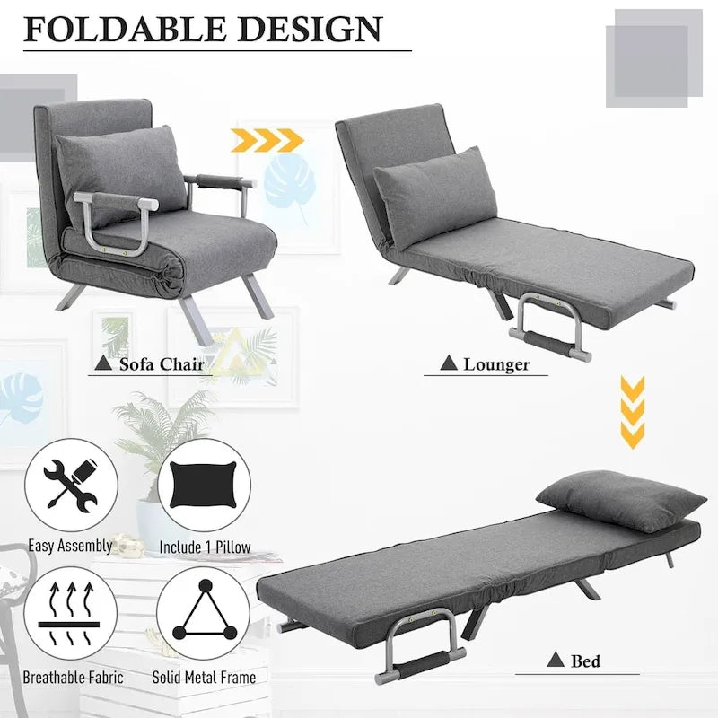 Fauteuil-lit futon convertible gris clair avec dossier réglable et oreiller