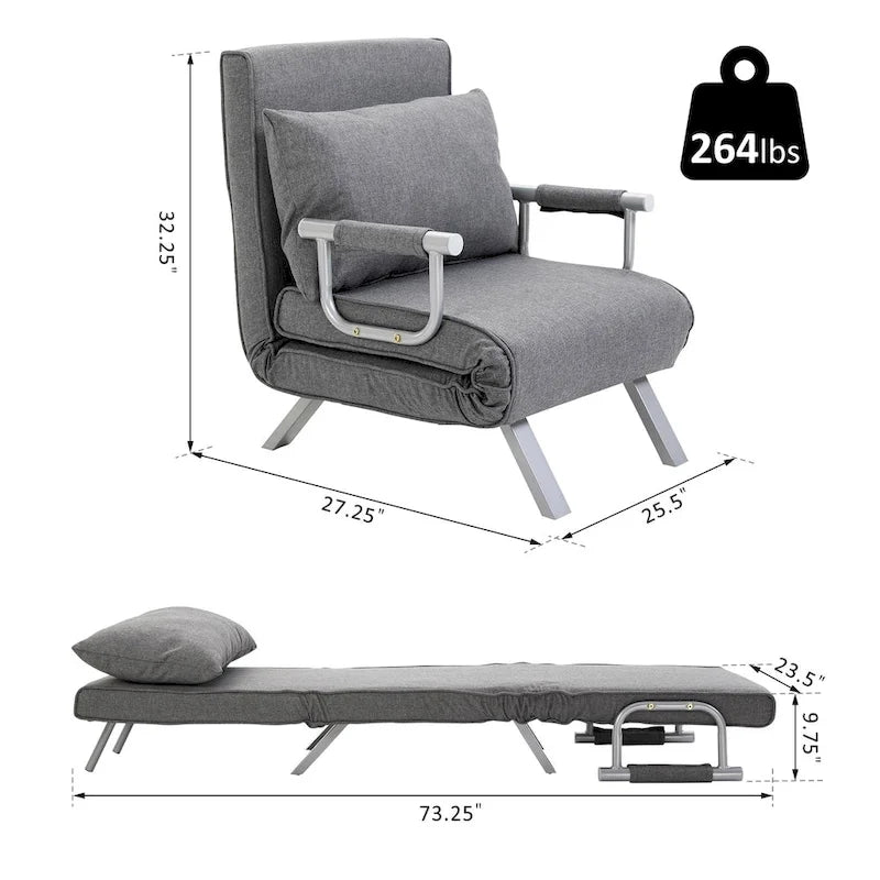 Fauteuil-lit futon convertible gris clair avec dossier réglable et oreiller