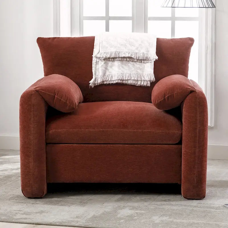 Fauteuil d'appoint surdimensionné en chenille avec large dossier incurvé et accoudoirs rembourrés doux