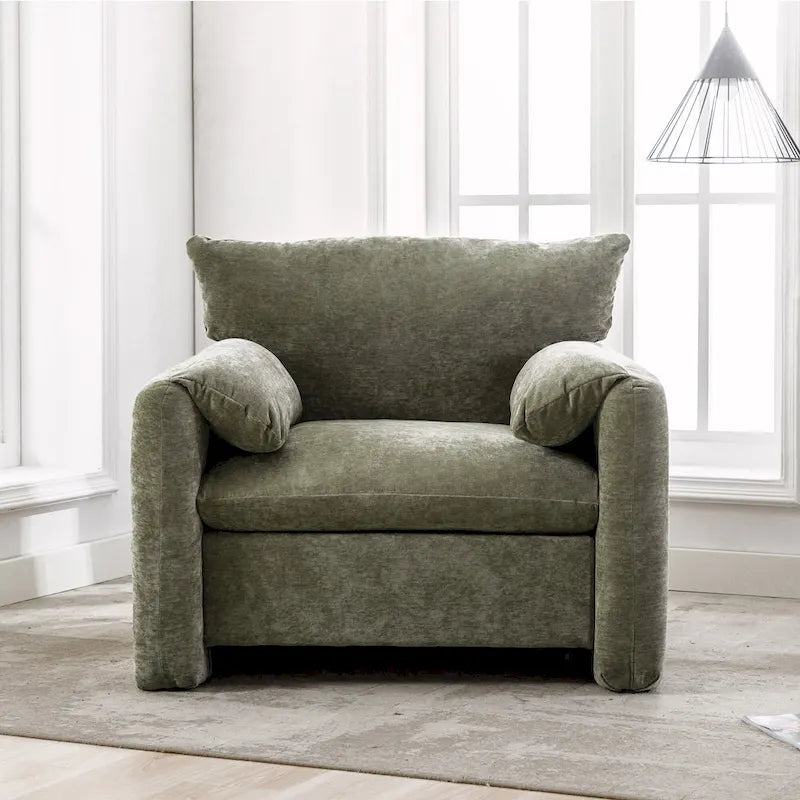 Fauteuil d'appoint surdimensionné en chenille avec large dossier incurvé et accoudoirs rembourrés doux