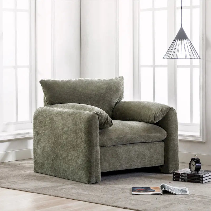 Fauteuil d'appoint surdimensionné en chenille avec large dossier incurvé et accoudoirs rembourrés doux