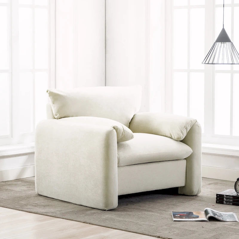 Fauteuil d'appoint surdimensionné en chenille avec large dossier incurvé et accoudoirs rembourrés doux