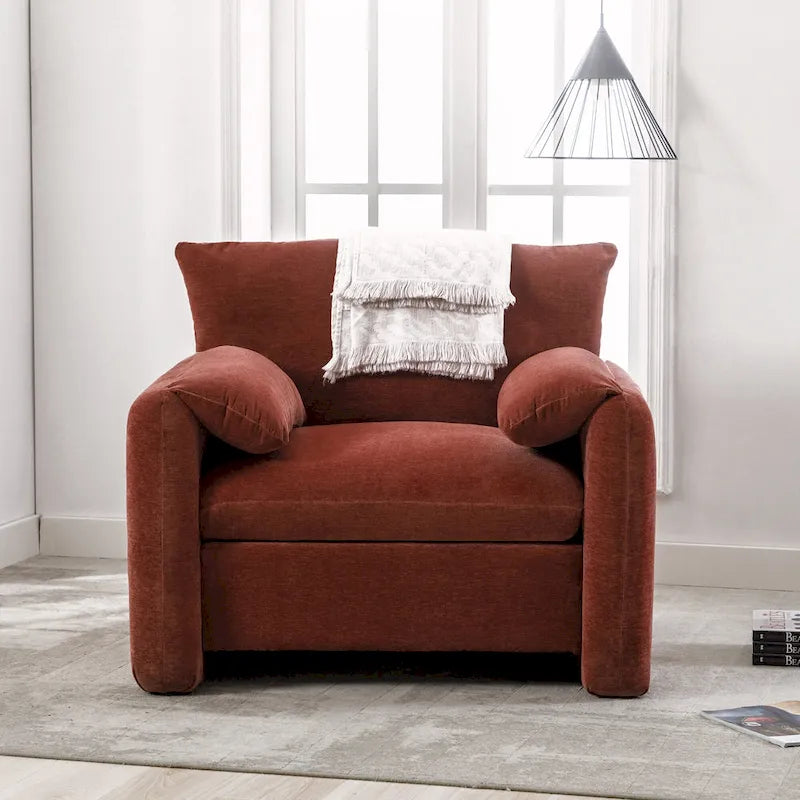 Fauteuil d'appoint surdimensionné en chenille avec large dossier incurvé et accoudoirs rembourrés doux