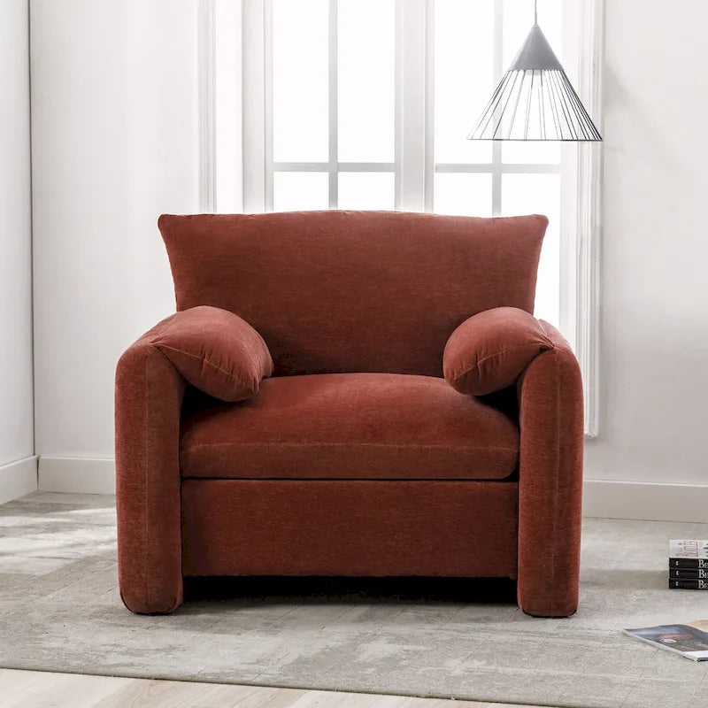 Fauteuil d'appoint surdimensionné en chenille avec large dossier incurvé et accoudoirs rembourrés doux
