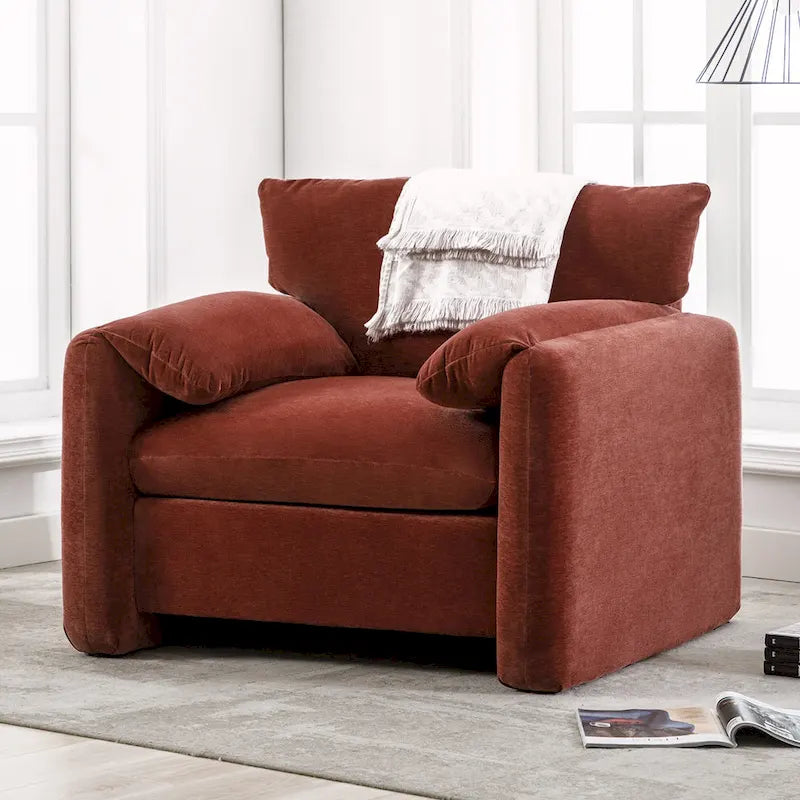 Fauteuil d'appoint surdimensionné en chenille avec large dossier incurvé et accoudoirs rembourrés doux