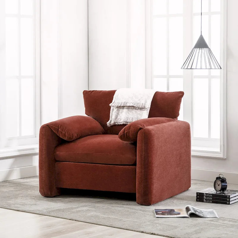 Fauteuil d'appoint surdimensionné en chenille avec large dossier incurvé et accoudoirs rembourrés doux