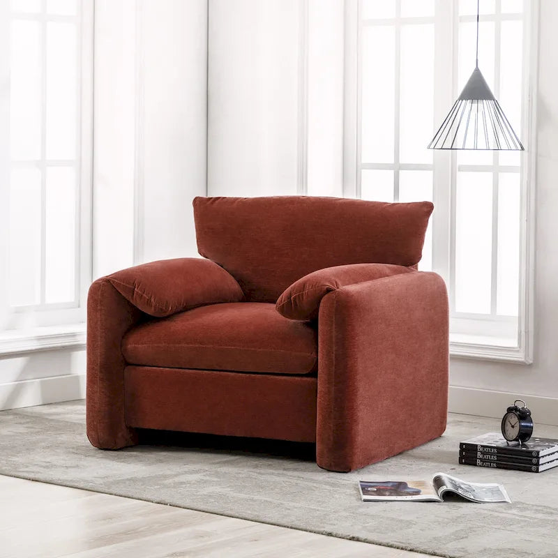 Fauteuil d'appoint surdimensionné en chenille avec large dossier incurvé et accoudoirs rembourrés doux