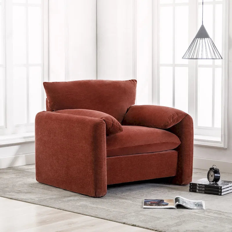 Fauteuil d'appoint surdimensionné en chenille avec large dossier incurvé et accoudoirs rembourrés doux