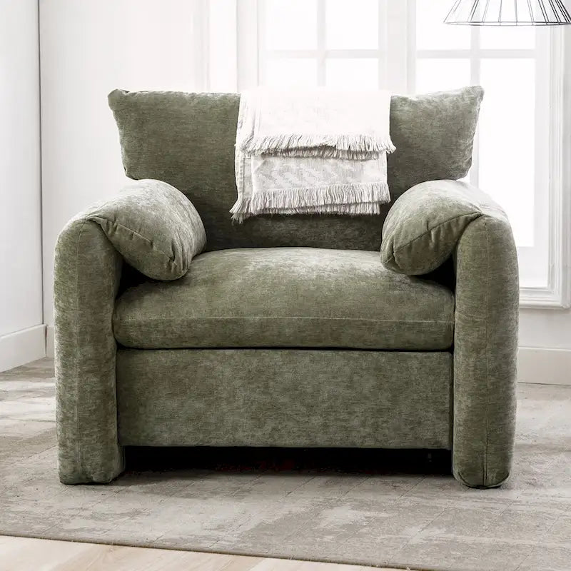Fauteuil d'appoint surdimensionné en chenille avec large dossier incurvé et accoudoirs rembourrés doux