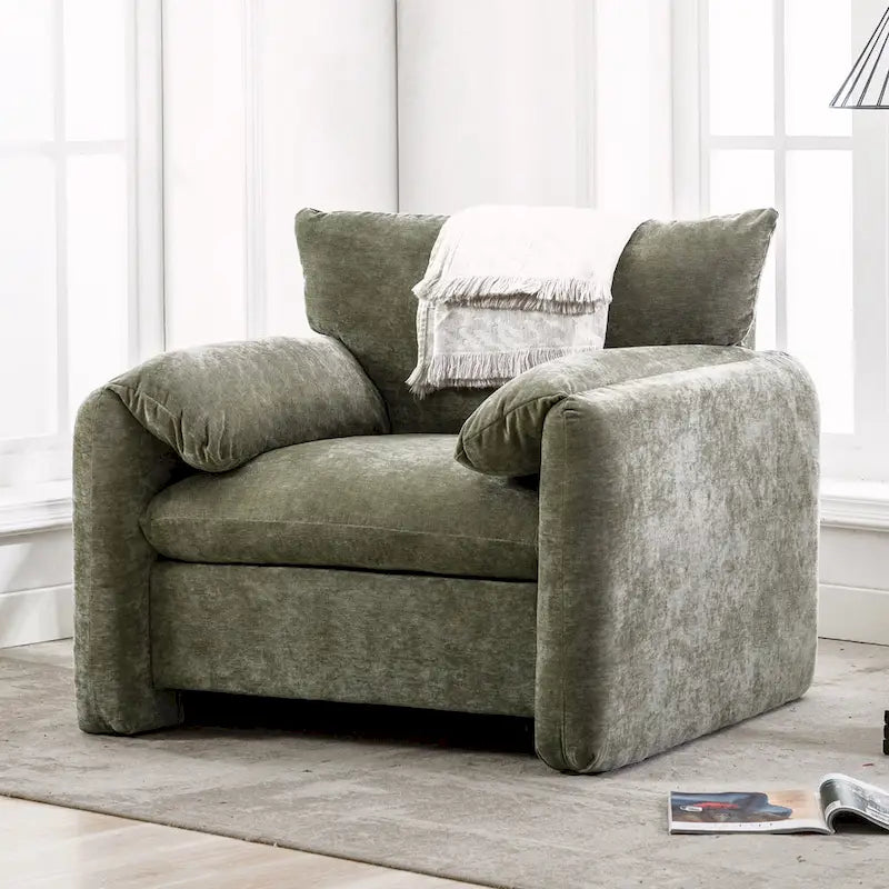 Fauteuil d'appoint surdimensionné en chenille avec large dossier incurvé et accoudoirs rembourrés doux