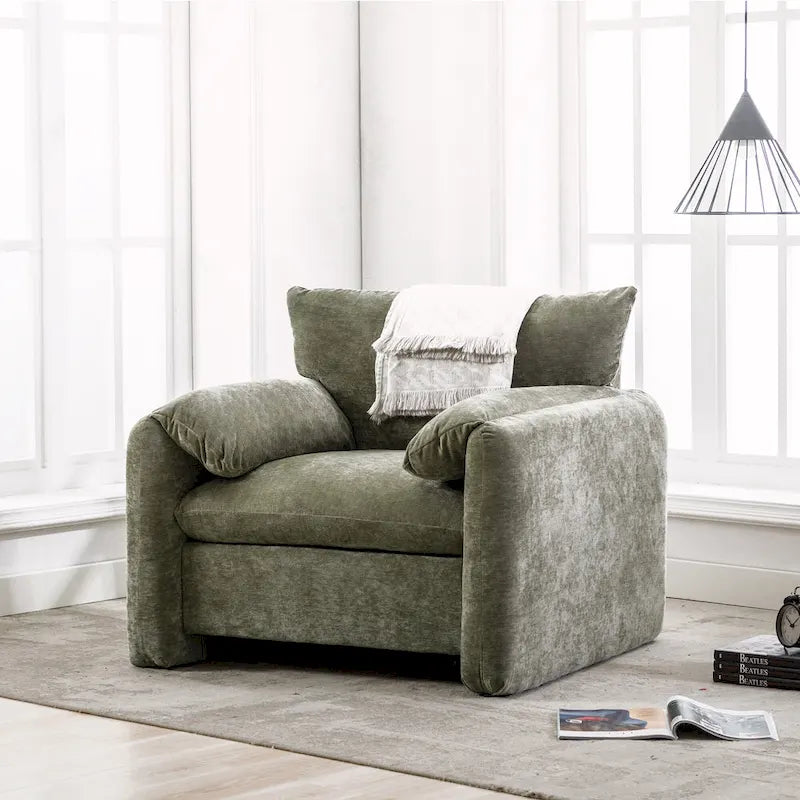Fauteuil d'appoint surdimensionné en chenille avec large dossier incurvé et accoudoirs rembourrés doux