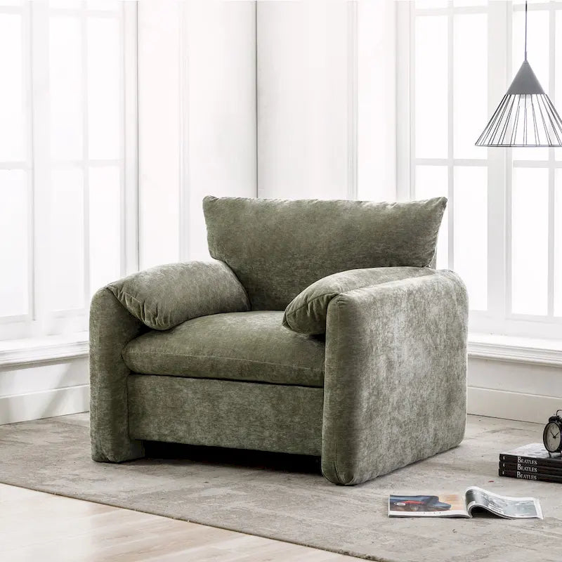 Fauteuil d'appoint surdimensionné en chenille avec large dossier incurvé et accoudoirs rembourrés doux