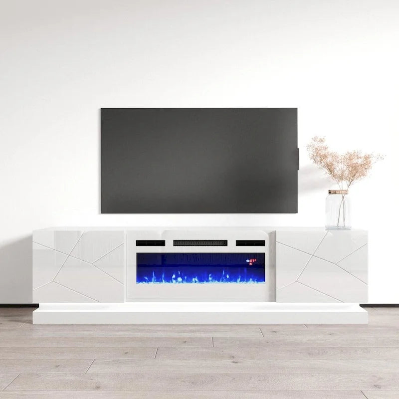 Meuble TV moderne pour cheminée électrique au fini lustré Blanc Noir Gris