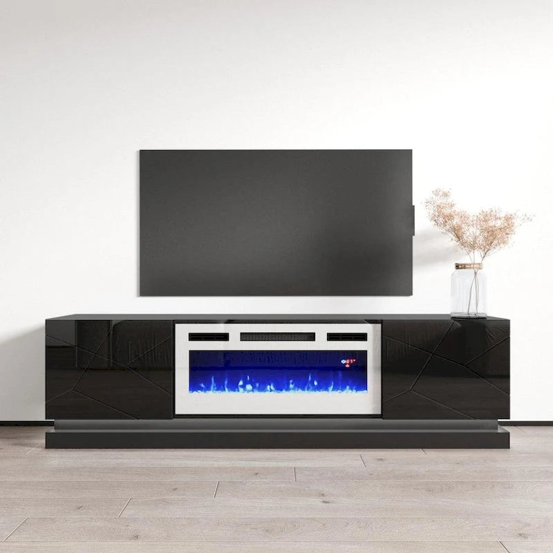 Meuble TV moderne pour cheminée électrique au fini lustré Blanc Noir Gris