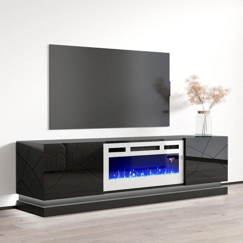Meuble TV moderne pour cheminée électrique au fini lustré Blanc Noir Gris