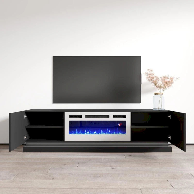 Meuble TV moderne pour cheminée électrique au fini lustré Blanc Noir Gris