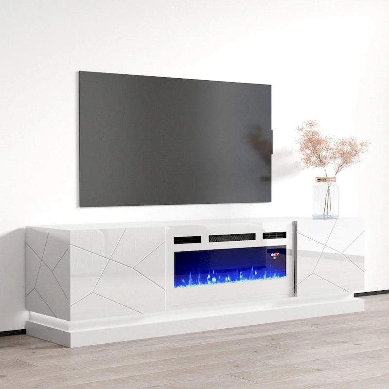 Meuble TV moderne pour cheminée électrique au fini lustré Blanc Noir Gris