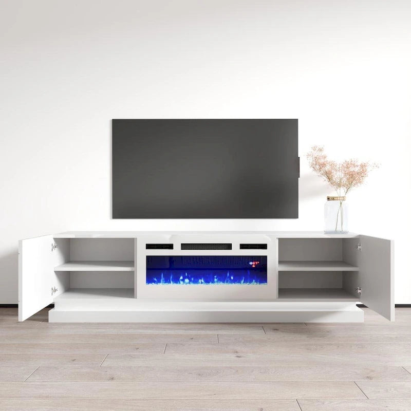 Meuble TV moderne pour cheminée électrique au fini lustré Blanc Noir Gris