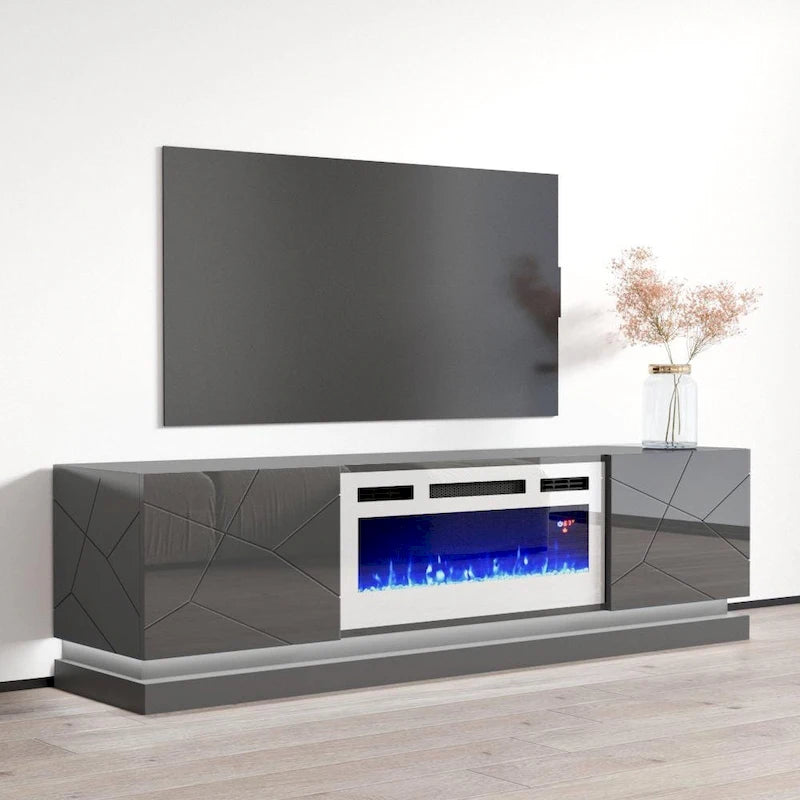 Meuble TV moderne pour cheminée électrique au fini lustré Blanc Noir Gris